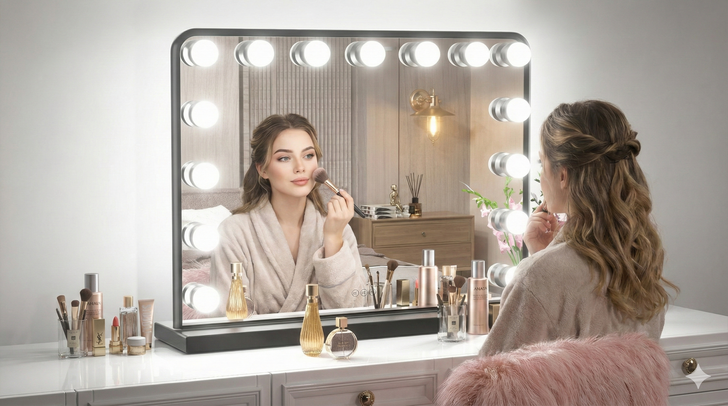 Открыть Освещение зеркал: макияж и уход за собой Фото Освещение зеркал: макияж и уход за собой