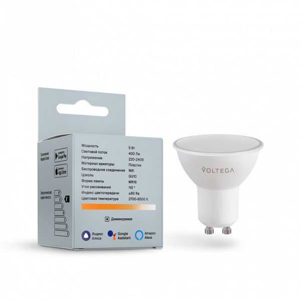 Открыть Лампа светодиодная с управлением через Wi-Fi Voltega Wi-Fi bulbs GU10 5Вт 2700-6500K 2425 Фото Лампа светодиодная с управлением через Wi-Fi Voltega Wi-Fi bulbs GU10 5Вт 2700-6500K 2425