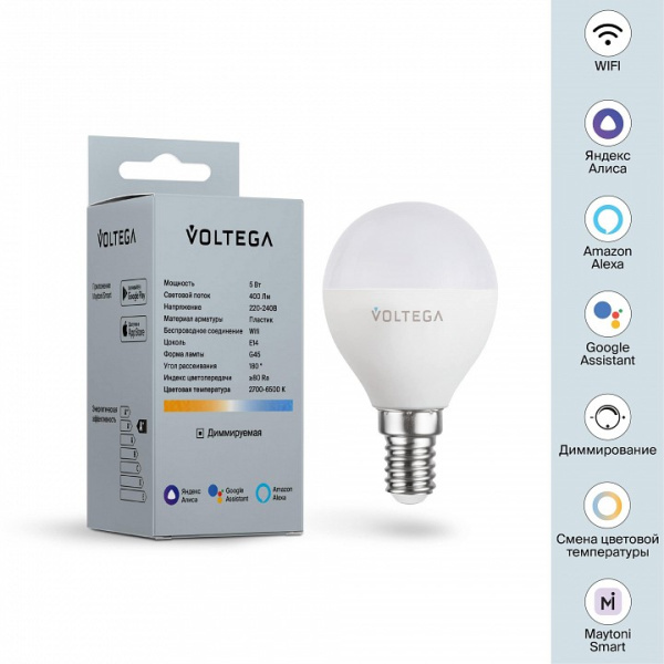 Открыть Лампа светодиодная с управлением через Wi-Fi Voltega Wi-Fi bulbs E14 5Вт 2700-6500K 2428 Фото Лампа светодиодная с управлением через Wi-Fi Voltega Wi-Fi bulbs E14 5Вт 2700-6500K 2428