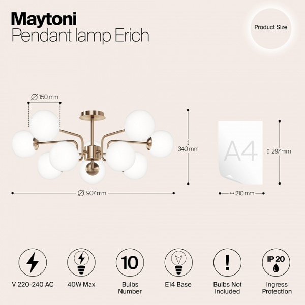 Фото Люстра на штанге Maytoni Erich MOD221PL-10G