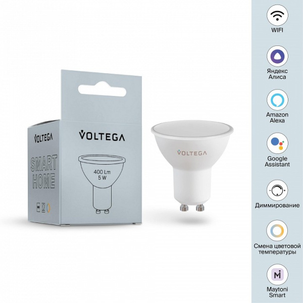 Открыть Лампа светодиодная с управлением через Wi-Fi Voltega Wi-Fi bulbs GU10 5Вт 2700-6500K 2425 Фото Лампа светодиодная с управлением через Wi-Fi Voltega Wi-Fi bulbs GU10 5Вт 2700-6500K 2425