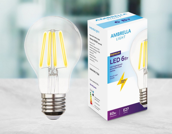 Открыть Лампа светодиодная Ambrella Light Filament E27 6Вт 4200K 205029 Фото Лампа светодиодная Ambrella Light Filament E27 6Вт 4200K 205029